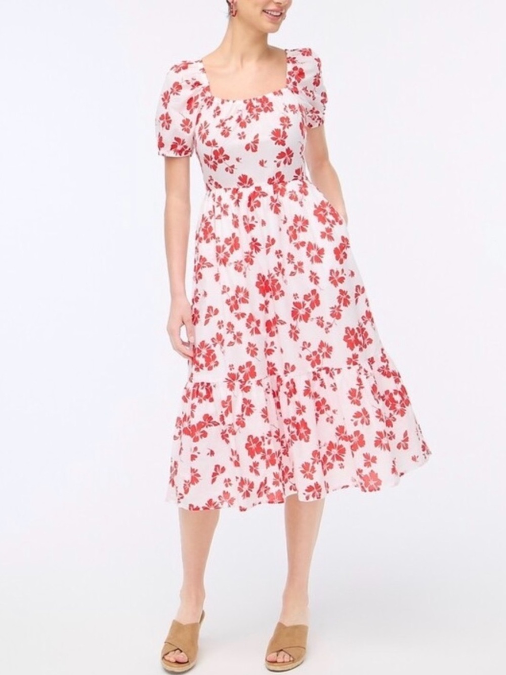 J. Crew White Puff-sleeve Midi Dress with Red Floral Print